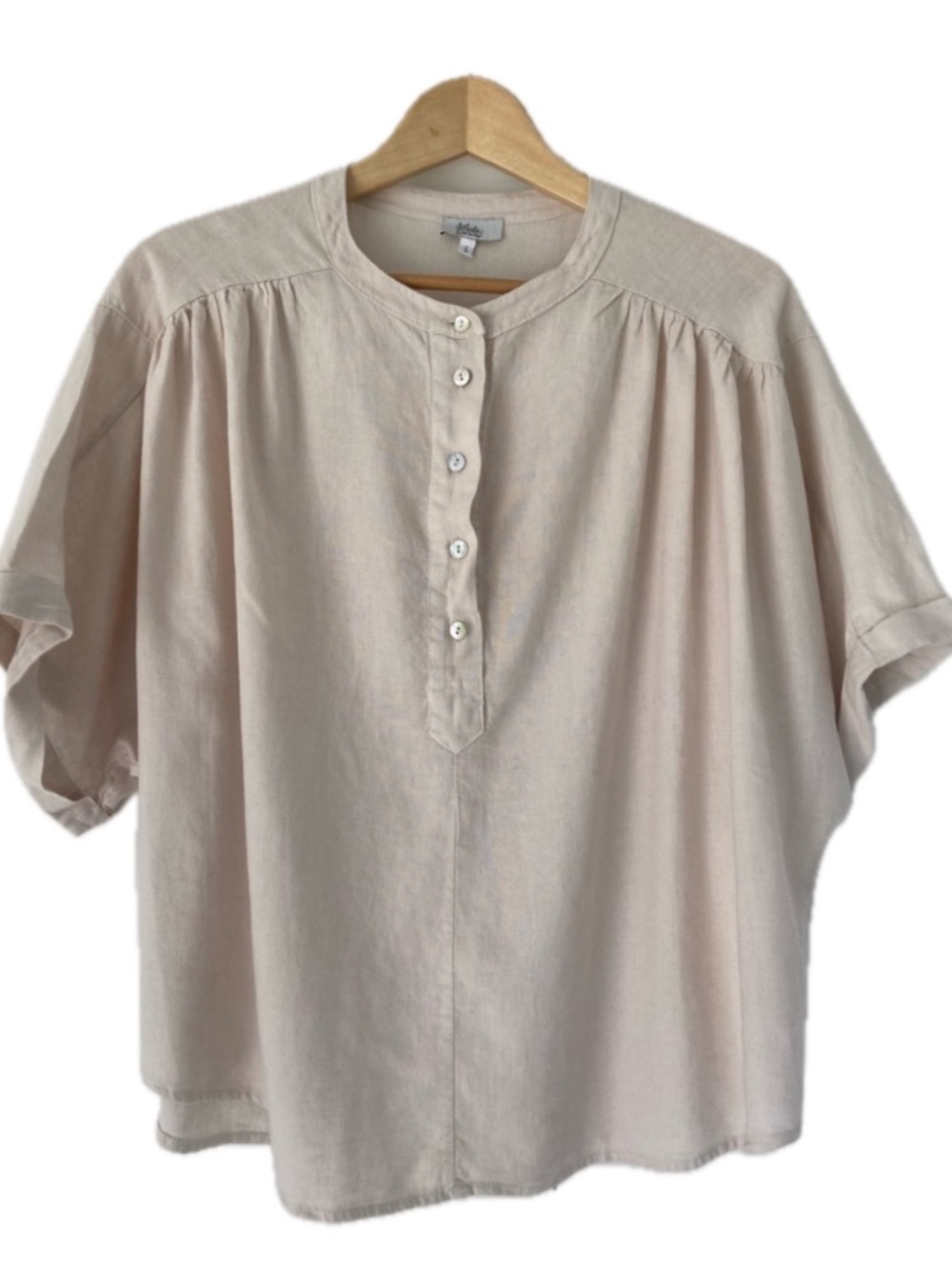 MODAI Linen Blend Henley Boxy Short Sleeve Blouse Small Beige Relaxed Fit Italy